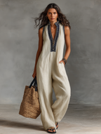 Sofía | Mono largo de lino sin mangas con bordado