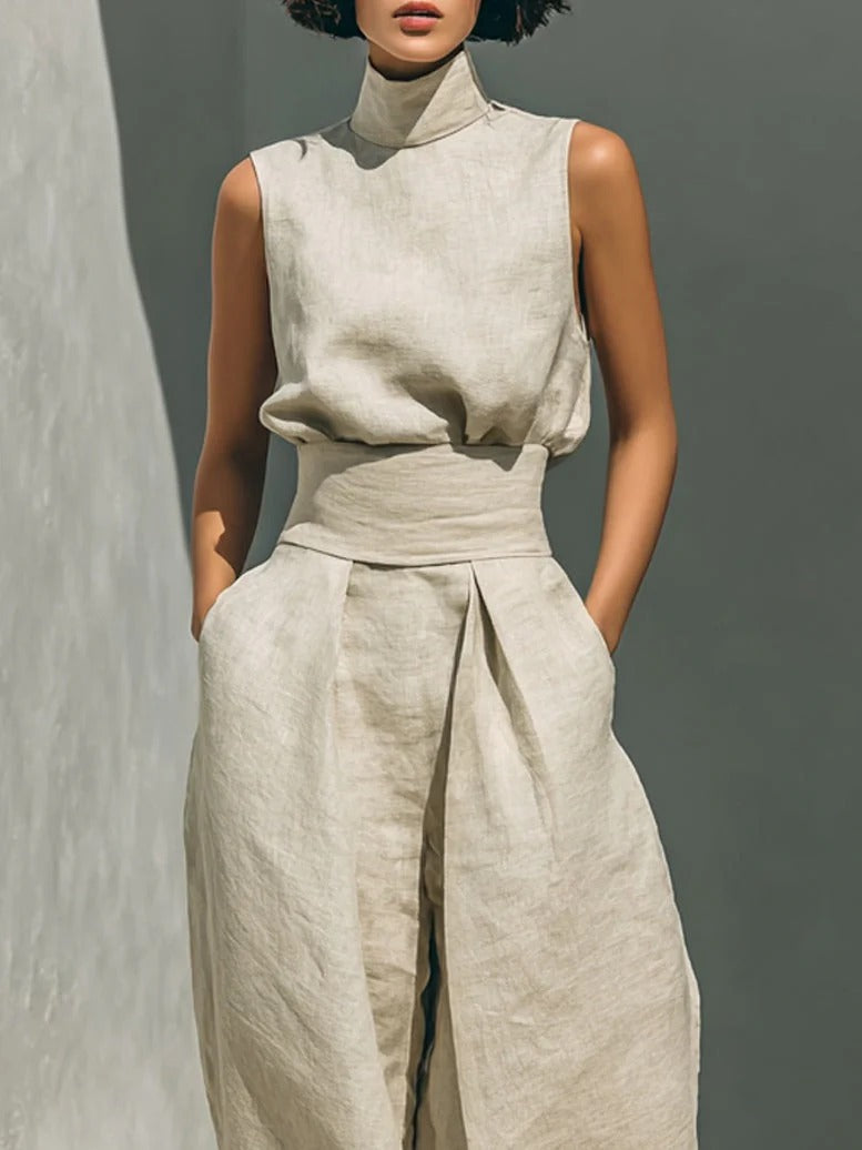 Aurora | Conjunto beige de dos piezas en algodón-lino con pantalón de pierna ancha